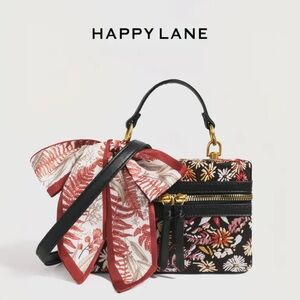 NIP Floral Embroidered Box Bag Crossbody Top Handle w/ Scarf Black Red